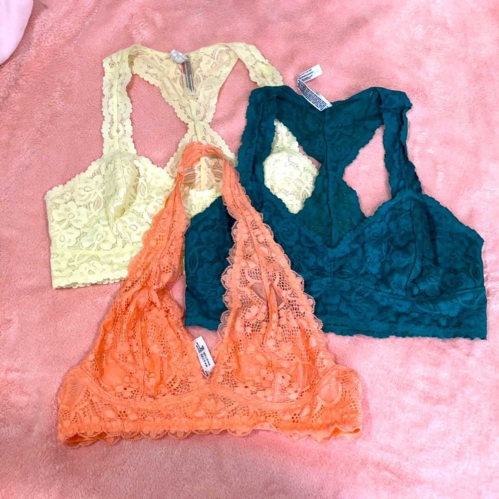 FREE PEOPLE LACE BRALETTES CORAL, yellow and teal